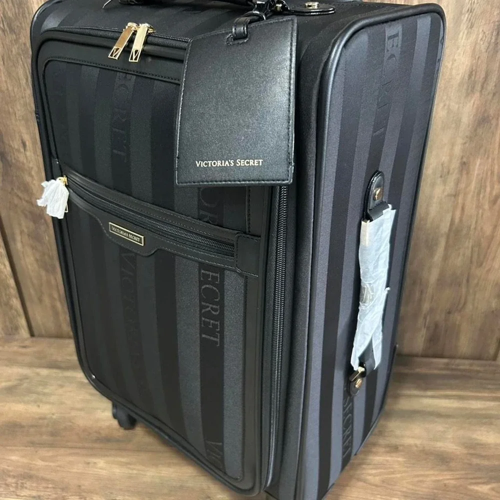Victoria's Secret black striped suitcase and 4 pcs train case